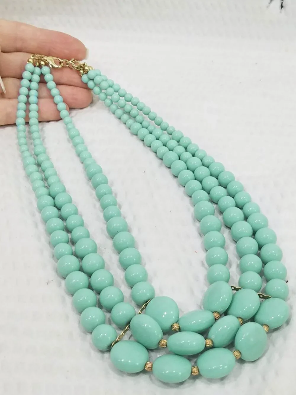 Vintage Acrylic Aqua Green & Gold Tone Graduated in Size Multi Strand Necklace